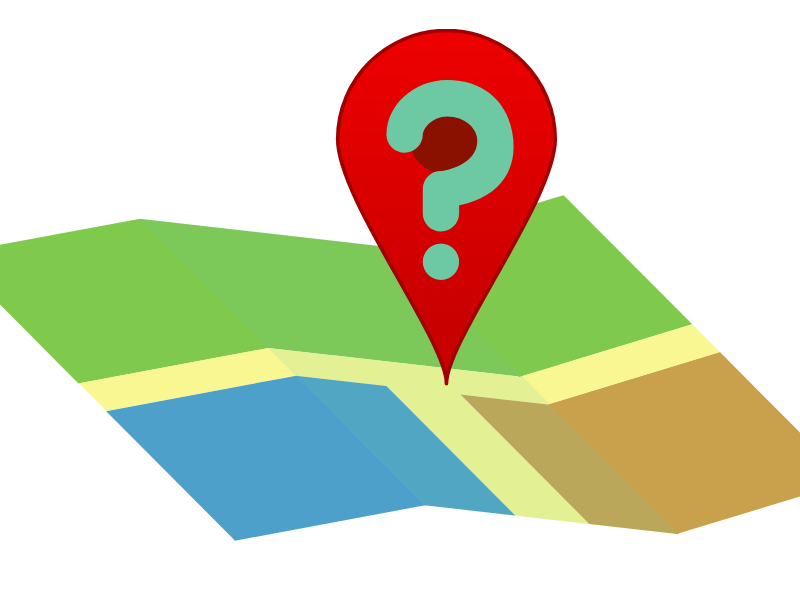 Illustrated map with pin and question mark 