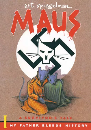 A picture of an older mouse in a yellow coat and a younger in green with a black swastika and a Hitler-like cat face; and a blood red title